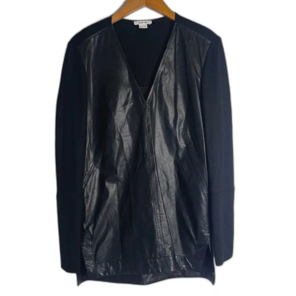 Helmut Lang Black Vneck Cow Leather & Wool Long Sleeve Tunic Top Size Small - Picture 1 of 12
